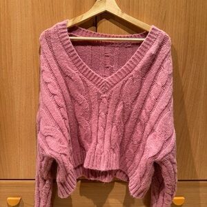 Cozy Pink V-Neck Cable Knit Sweater